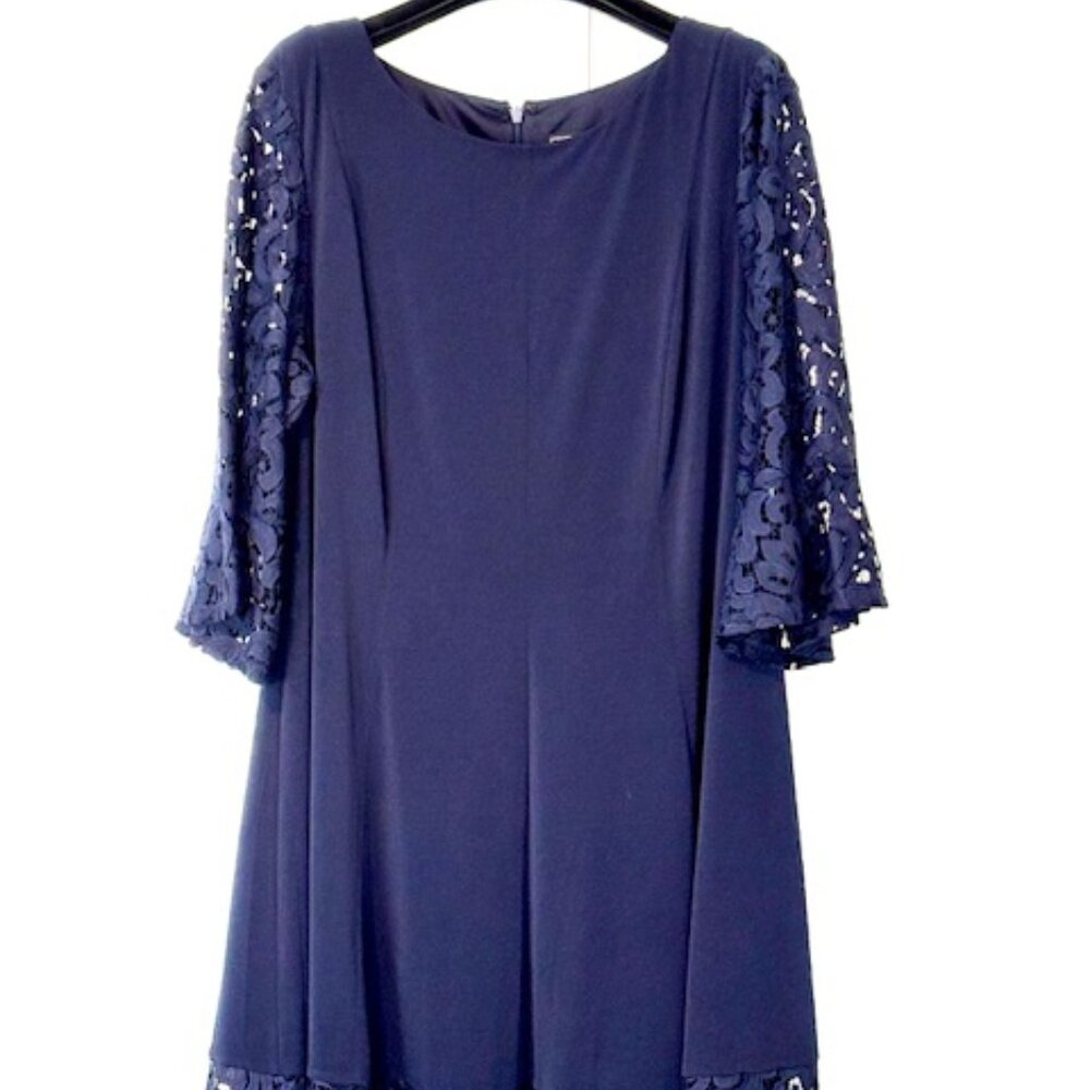 Jessica Howard Blue Formal Lined Nylon & Spandex Dress with 3/4 Bell Sleeves